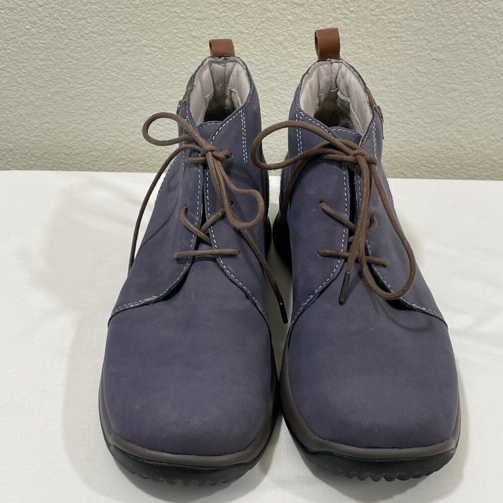 JAMBU "Rosella" Bootie Lace Up Leather/Textile Upper Low Heel, Steel Blue - 8.5